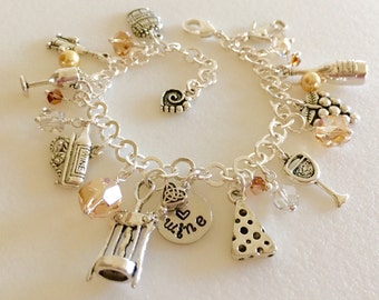 Wine Charm Bracelet, Wine Lovers Bracelet, Swarovski Crystal Wine Bracelet, Champagne White Wine Charm Bracelet, Hand Stamped "love wine"