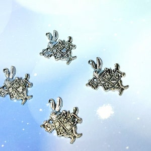 4 Pcs Wonderland Rabbit ~ Tibetan Silver Alloy Pewter AIW White Rabbit Charms Pendants 36mm x 27mm for Jewelry Making Earrings Necklaces