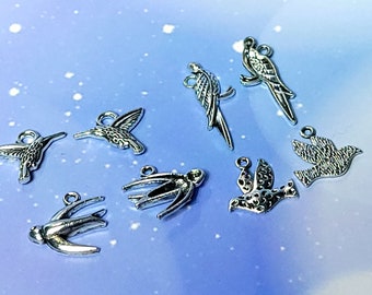8 Pcs, 4 Styles Tibetan / Antique Silver / Pewter Bird / Dove / Hummingbird / Canary Charms / Pendants for Jewelry Making Earrings Necklaces
