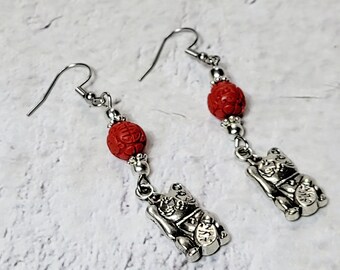 Pendientes de gato de la suerte para el Año Nuevo Chino - Pendientes de cinabrio - Pendientes chinos - Pendientes de gato de la suerte - Joyería de cinabrio - Zodiaco chino - Gatos
