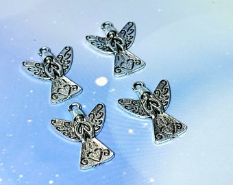 4 Pcs Tibetan / Antique Silver Pewter Rustic / Country Style Angel with Heart Dress Charms Pendants 28mm x 20mm for Jewelry Making ~ Angels