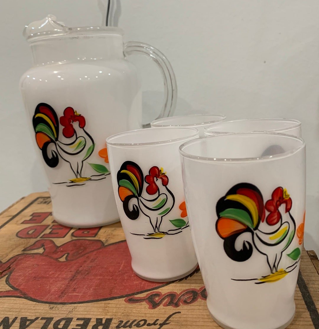 Rare Vintage Juice Pitcher and 4 Glasses Rooster Floral Etsy