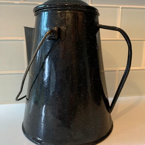 Vintage enamel black spatter ware campfire coffee pot - Ruby Lane