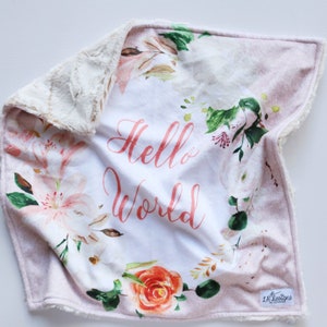 Security Blanket | Baby Girl Lovey | Hello World Floral Baby Security Blanket | Minky Baby Blanket | Baby Girl Gift |