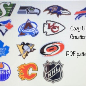 May include: A collection of sports team logos, including the NFL, NHL, and MLB. The logos are in various colors and designs. Text on the image reads "Cozy Life Creations" and "PDF patterns".
