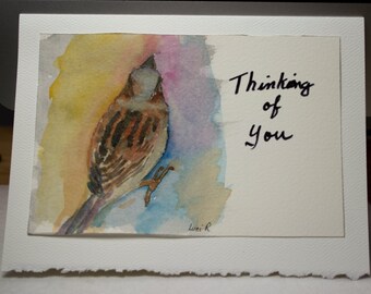 Hand Painted Greeting Card, Thinking of you, Blank Card, Original Watercolor Card, Sparrow, Bird, Nature, Free Shipping