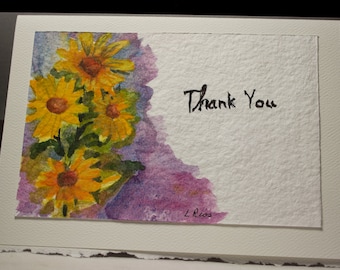 Hand Painted Greeting Card, Thank You Card, Blank Card, Original Watercolor Card, Yellow Daisies, Floral, Free Shipping