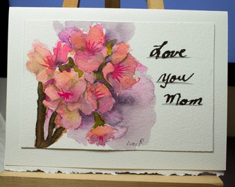 Hand Painted Greeting Card, Mother's Day card, Blank Card, Original Watercolor Card, Cherry Blossoms, Nature, Free Shipping