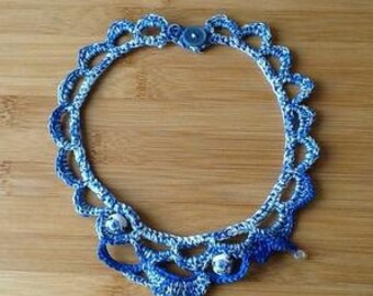 Free Form Hand Crocheted Blue Bead Necklace