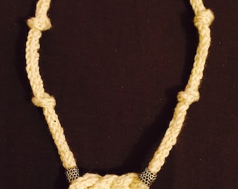 Celtic knot crochet icord necklace with silver bead details and button clasp