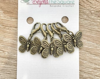 Butterfly bronze tone crochet knitting locking stitch markers / progress keepers / zipper pull