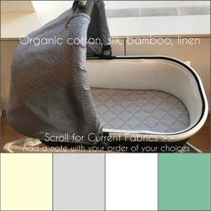 Luxury UPPAbaby bassinet sheets. Vista Cruz fitted bassinet sheet in silk, organic and Japanese cotton, linen, tencel wool, bamboo jersey
