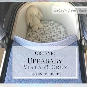 Bio UPPAbaby Stubenwagen Bettwäsche. Dieses Babybettwäscheset wird mit oder ohne Aufhängern geliefert. Individuell angefertigte Bio Kinderwagendecke.