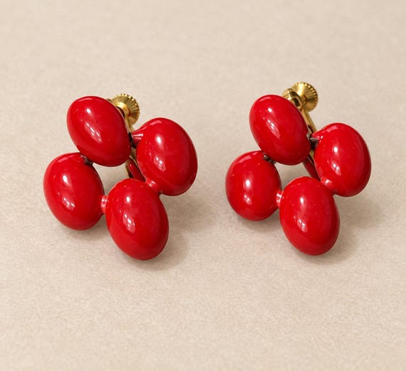 Vintage Napier Red Bead Cluster Earrings Signed Napier screw back