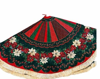 Vintage Quilted Christmas tree skirt poinsettias
