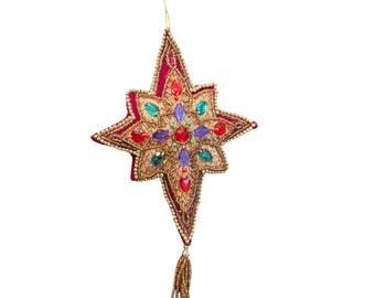 Vintage Northern Star Christmas ornament with rhinestones and beads