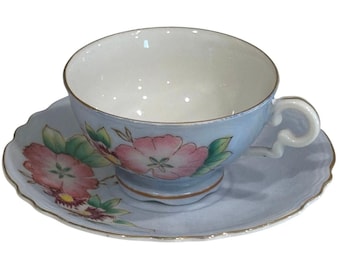 Vintage Fern blue floral hand painted demitasse cup & saucer