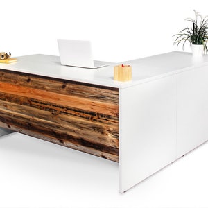 L Shape Barrel Front Desk - Reclaimed Wood