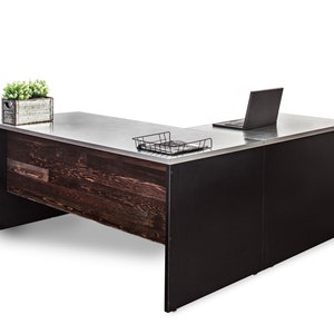 L Shape Stainless Steel Desk with Reclaimed Wood Modesty