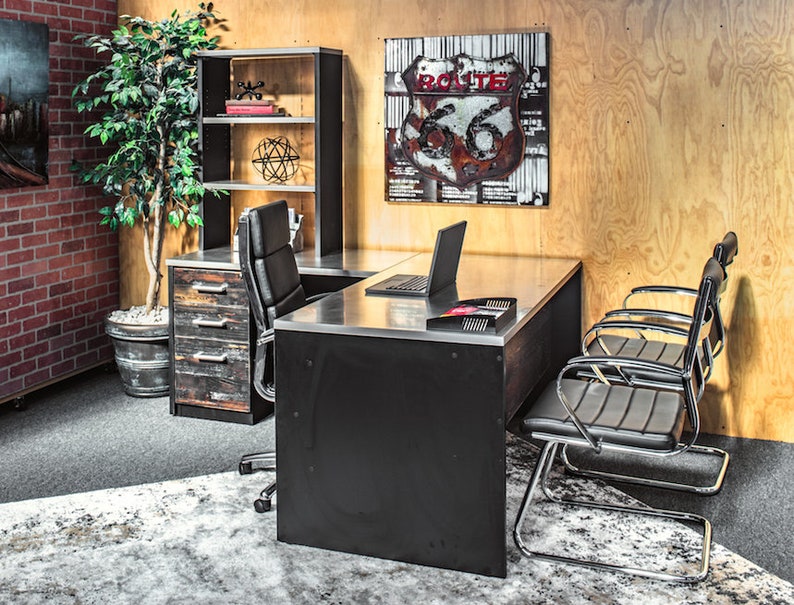 L Shape Stainless Steel Desk Hutch and Reclaimed Wood Modesty Etsy