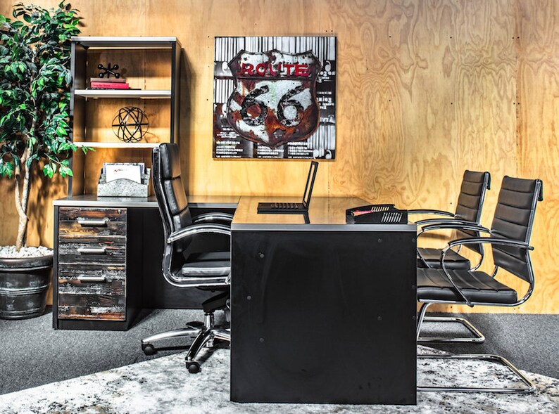 L Shape Stainless Steel Desk Hutch and Reclaimed Wood Modesty Etsy