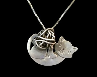 Sterling Silver Playing Kitty, Cat with Yarn Necklace, Sterling Silver Cat Pendant, One of a Kind