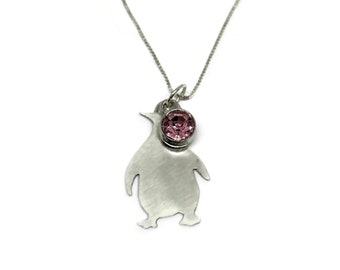 Sterling Silver Birthstone Moe the Penguin Pendant, Personalize Me!