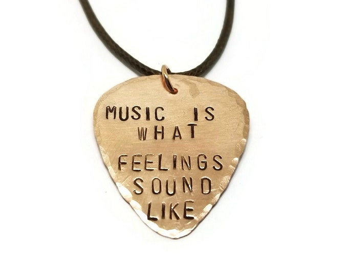 Music is What Feelings Sound Like Copper Guitar Pick Necklace