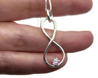 Sterling Silver Infinity Pink Sapphire Necklace, One of a Kind Lab Created Gemstone Pendant, Ready to Ship
