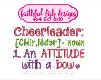 Cute, Girly Cheerleader Definition Embroidery Design - An Attitude With a Bow - Cheerleader Design - Cheer Embroidery