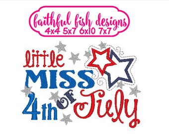 Little Miss 4th of July, Miss Fourth of July, 4th of July Applique, Cute Fourth of July Applique