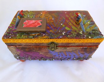 Decorative Wood Box, Handcrafted Wood Jewelry Box, Unique Keepsake wood Box, Tropical Wood Box, Unique wood Gift, Colorful Whimsical Box