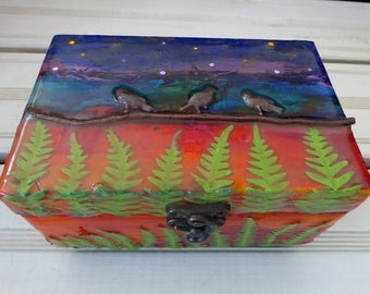 Decorative Wood Box, Handcrafted Wood Jewelry Box, Keepsake Box, Whimsical Wood Box, Unique Gift, Colorful Bird Box, Colorful Sunset Box