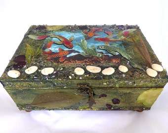 Decorative Wood Box, Wood Jewelry Box, Handcrafted Wood Box, Unique Keepsake Box, Koi Fish Box, Unique Gift, Whimsical Wood Box, anniversary