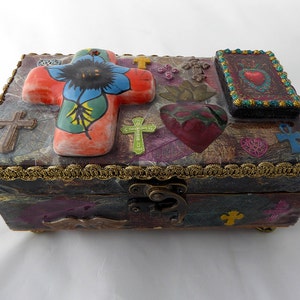 Decorative Wood Box, Wood Jewelry Box, Handcrafted Wood Box, Unique Keepsake Box, Mexican Cross Box, Unique Gift, Sacred heart Jewelry Box