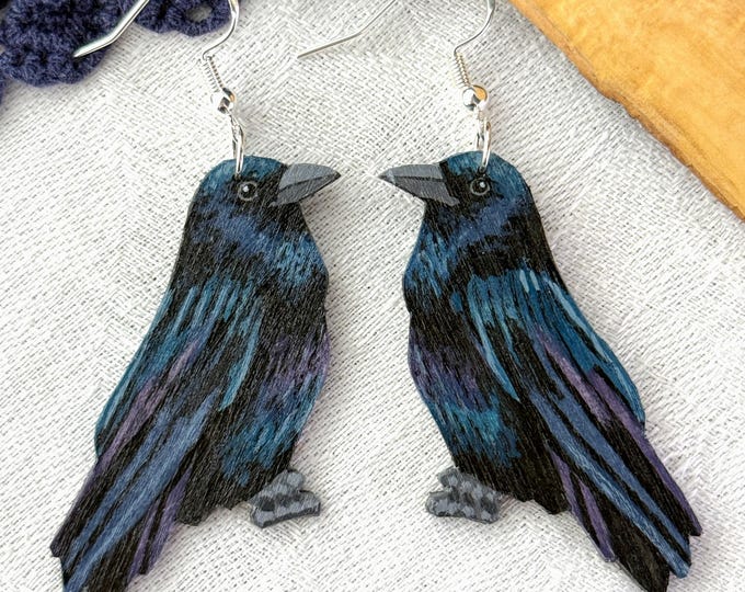 Painted Wooden Raven Lightweight Dangle Earrings