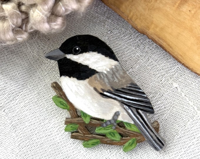 Painted Wooden Chickadee Bird Brooch Pin