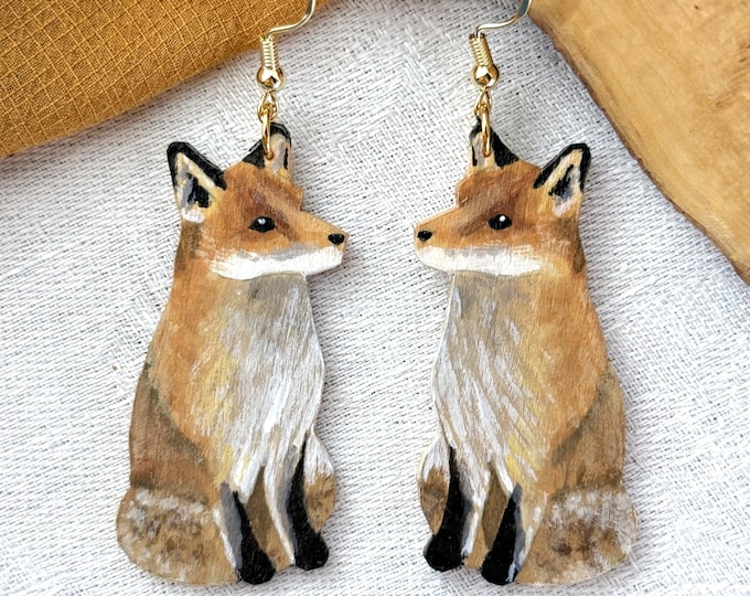 Painted Wooden Red Fox Dangle Earrings