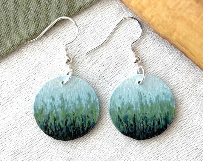 Painted Wooden Circular Foggy Forest Scene Dangle Earrings