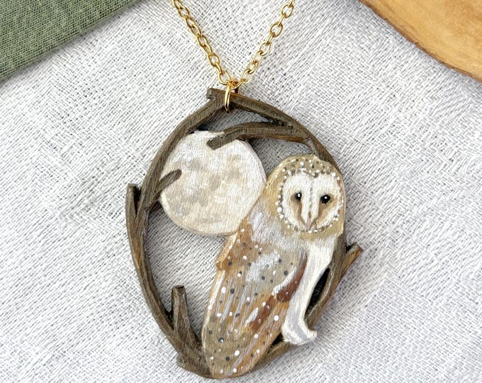 Painted Wooden Barn Owl and Full Moon Necklace