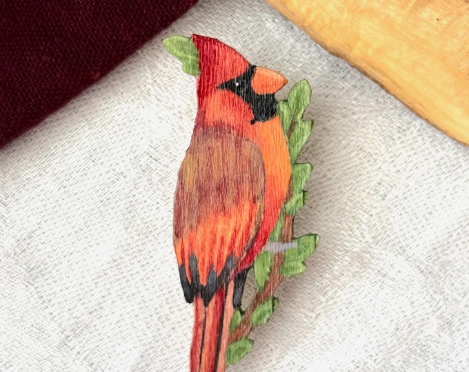 Painted Wooden Red Cardinal Brooch Pin