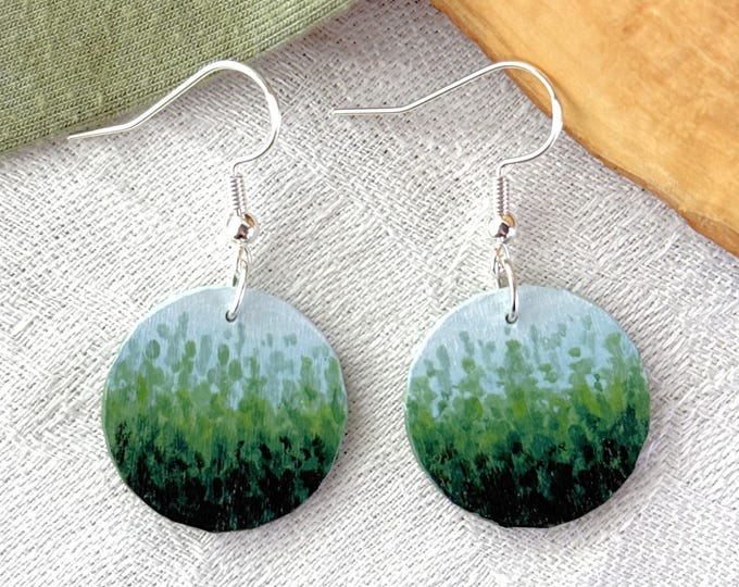 Painted Wooden Circular Foggy Forest Scene Dangle Earrings