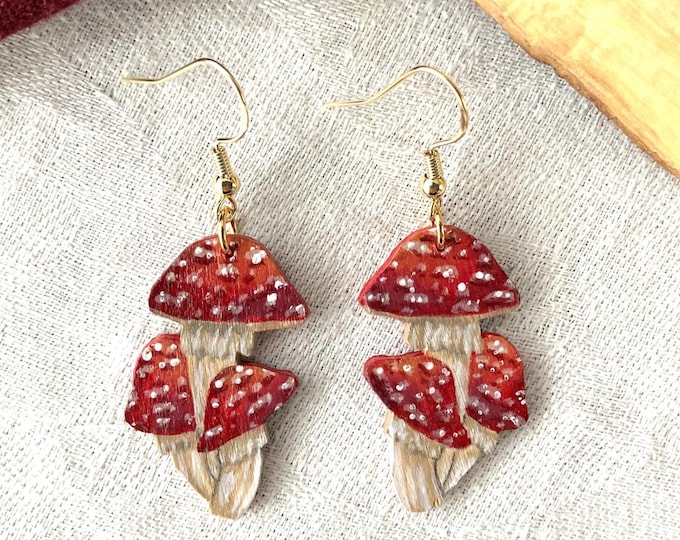 Painted Wooden Red and White Amanita Mushroom Dangle Earrings