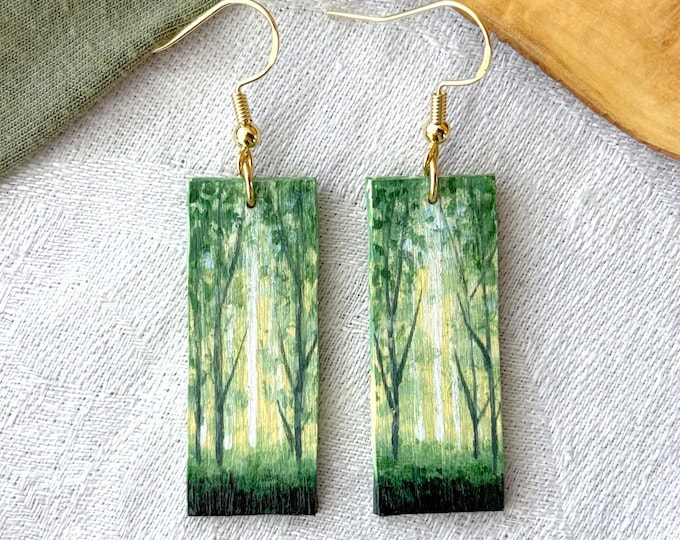 Painted Wooden Green Forest Dangle Earrings