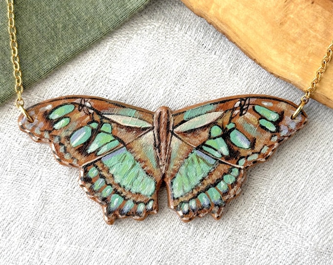 Painted Wooden Large Malachite Butterfly Necklace
