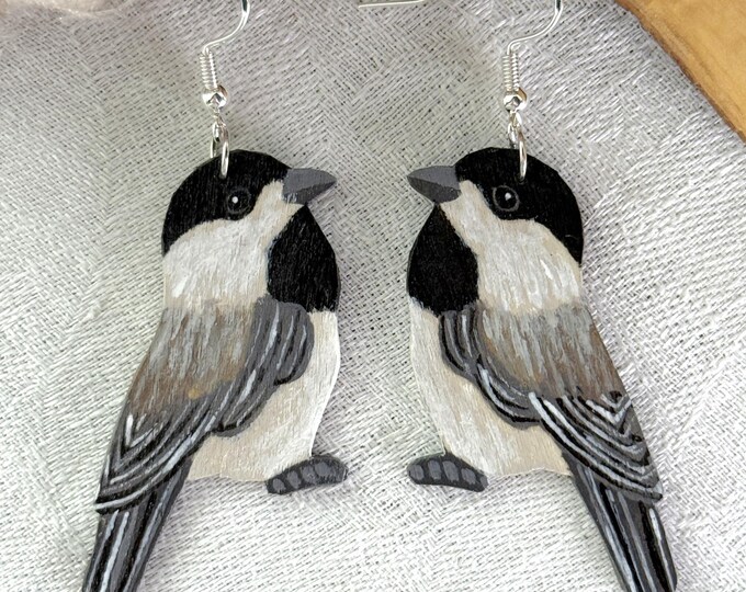 Painted Wooden Chickadee Dangle Earrings