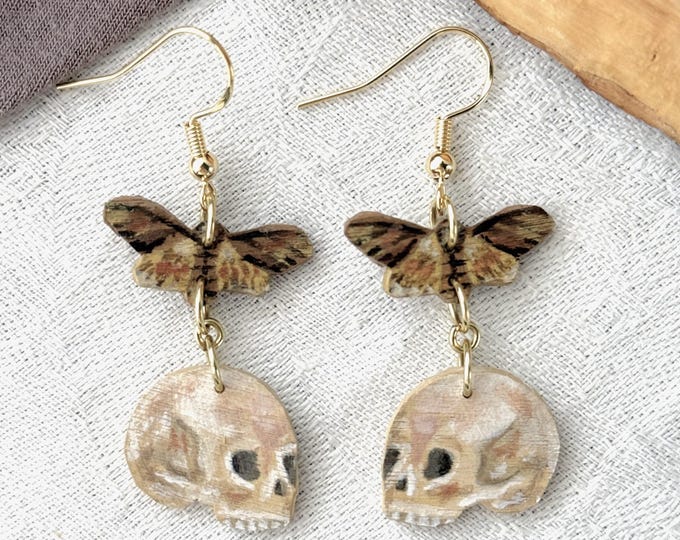Painted Wooden Moth and Skull Dangle Earrings