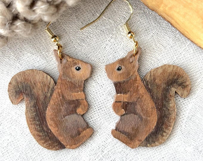 Painted Wooden Red Squirrel Cottagecore Dangle Earrings