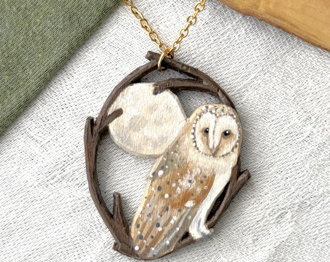 Painted Wooden Barn Owl and Full Moon Necklace