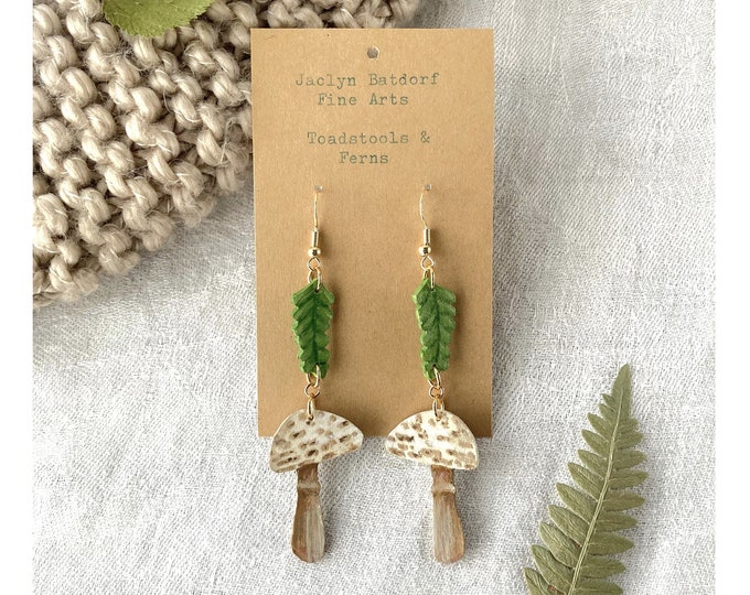 Painted Wooden Toadstool and Fern Lightweight Dangle Earrings